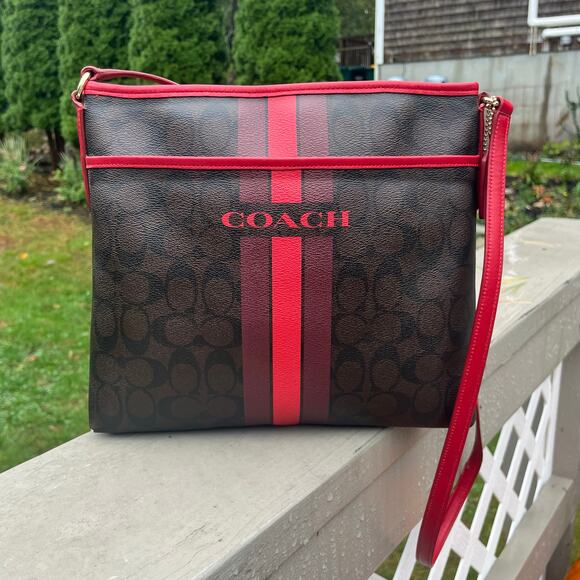 COACH Signature Leather Racing Stripe, Brown and Red, AUTHENTIC Crossbody - Picture 1 of 15